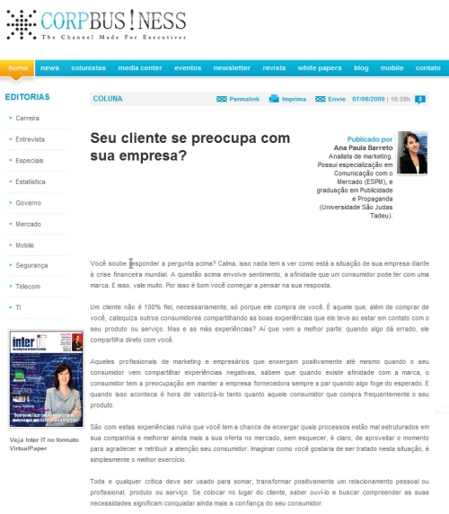 Publicado no site www.corpbusiness.com.br - 07/08/09